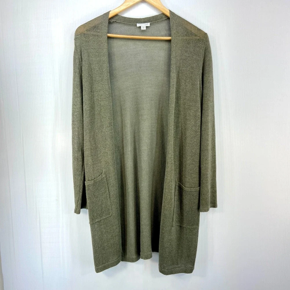 J Jill Moss Green Linen Blend Long Open Cardigan Sweater Womens Small‎ Petite